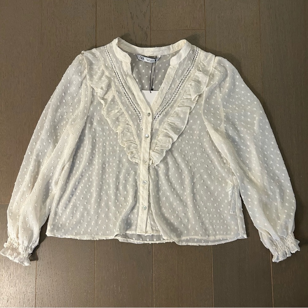 Zara Cream Sheer Ruffle Button Front Long Sleeve Blouse